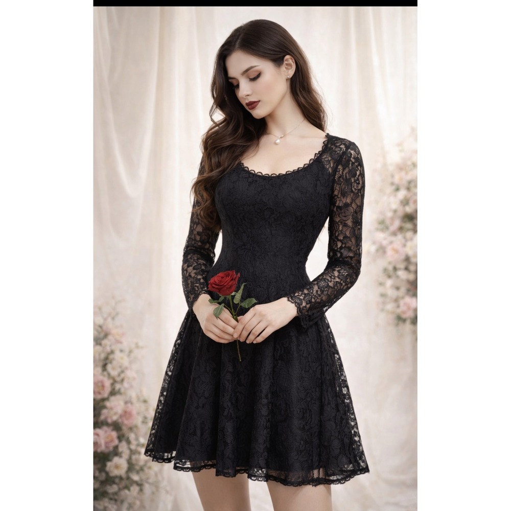 Vintage 90s Black Lace Gothic Dress  Made in USA | Fit & Flare | Witchy Romantic